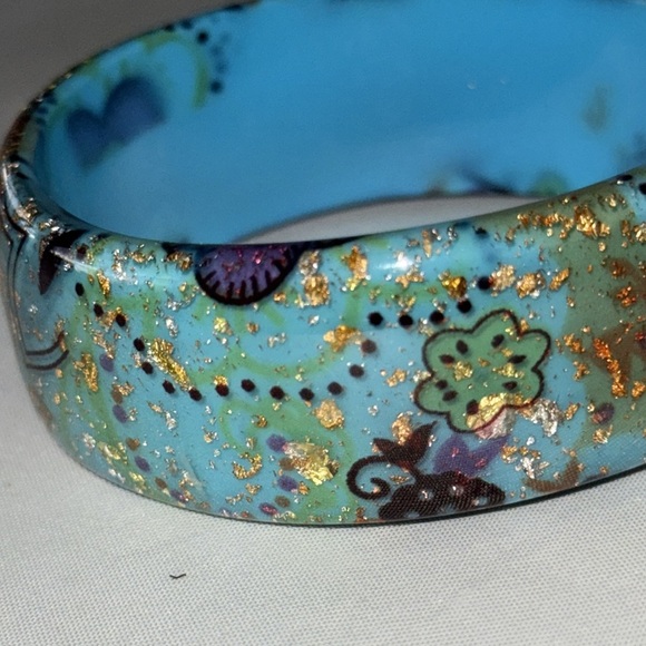 Artisan Teal and Gold Lucite Chunky Bangle Floral Paisley Bracelet Dimensional - Picture 6 of 9